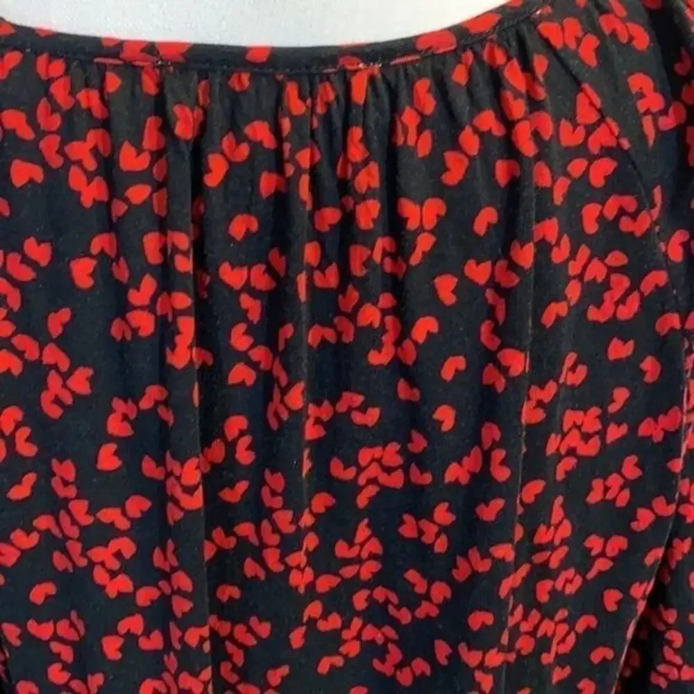 Michael Kors Shirt Womens Large Black Red Hearts Ruffle‎ Sleeve Popover Romantic
